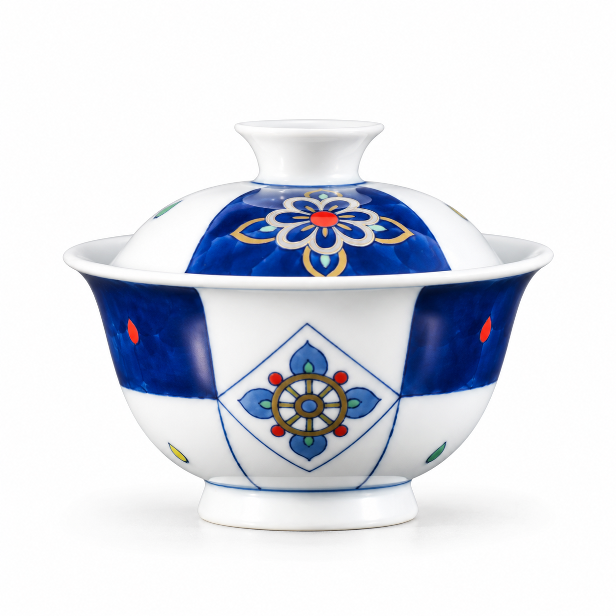 Golden Crown Lotus Gaiwan front view with blue and white geometric motif and gilded details