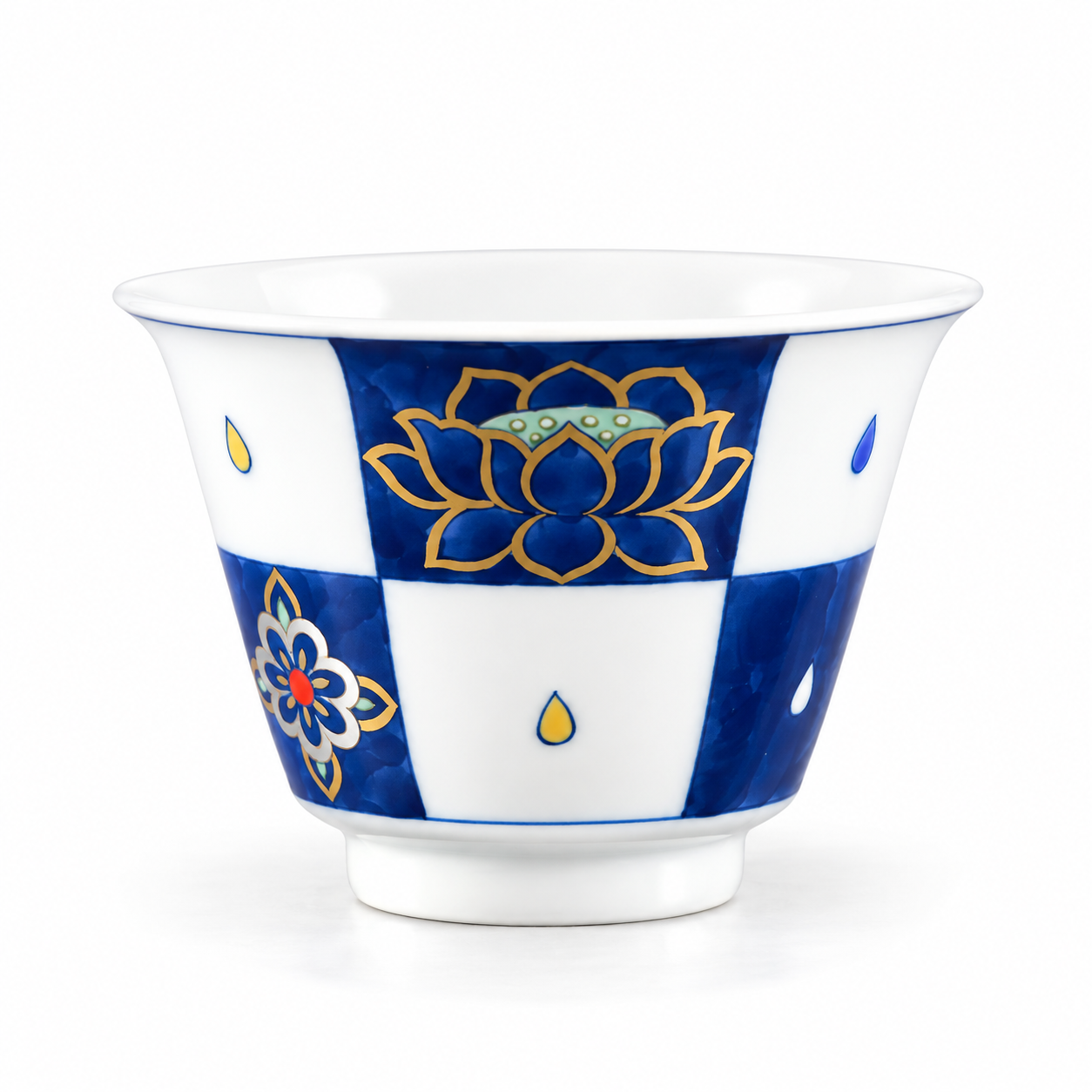 Golden Crown Lotus Mati Teacup front view with blue lotus and gilded details