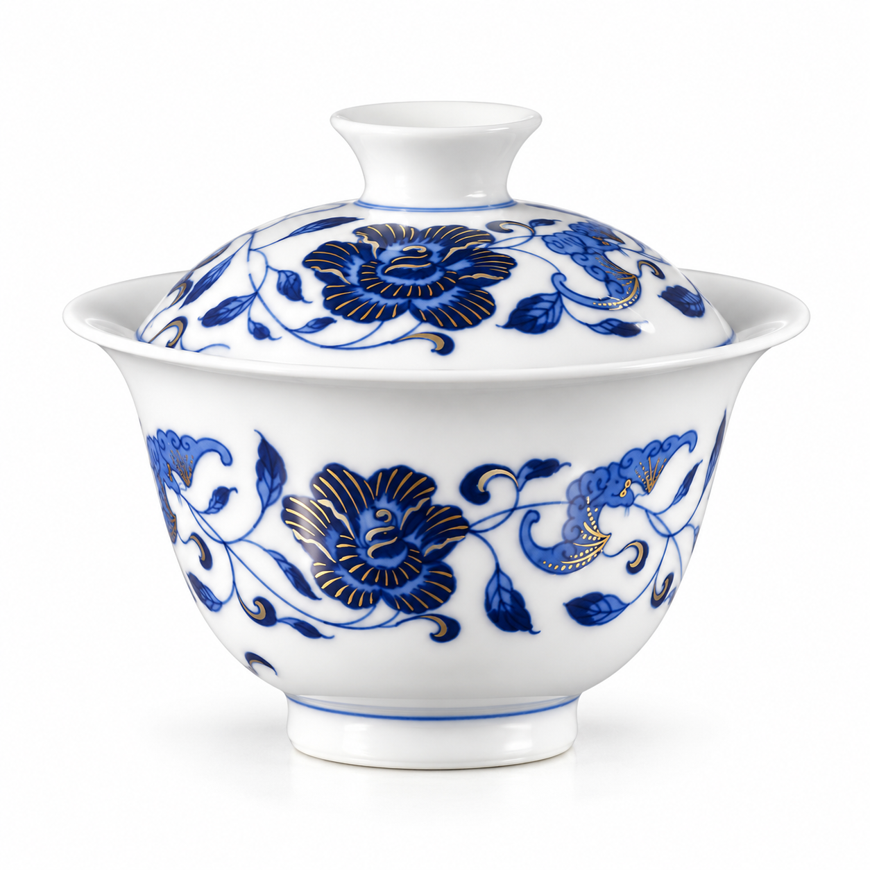 Blue and White Double Blessings Gaiwan in Jingdezhen porcelain with cobalt blue floral and gold decoration