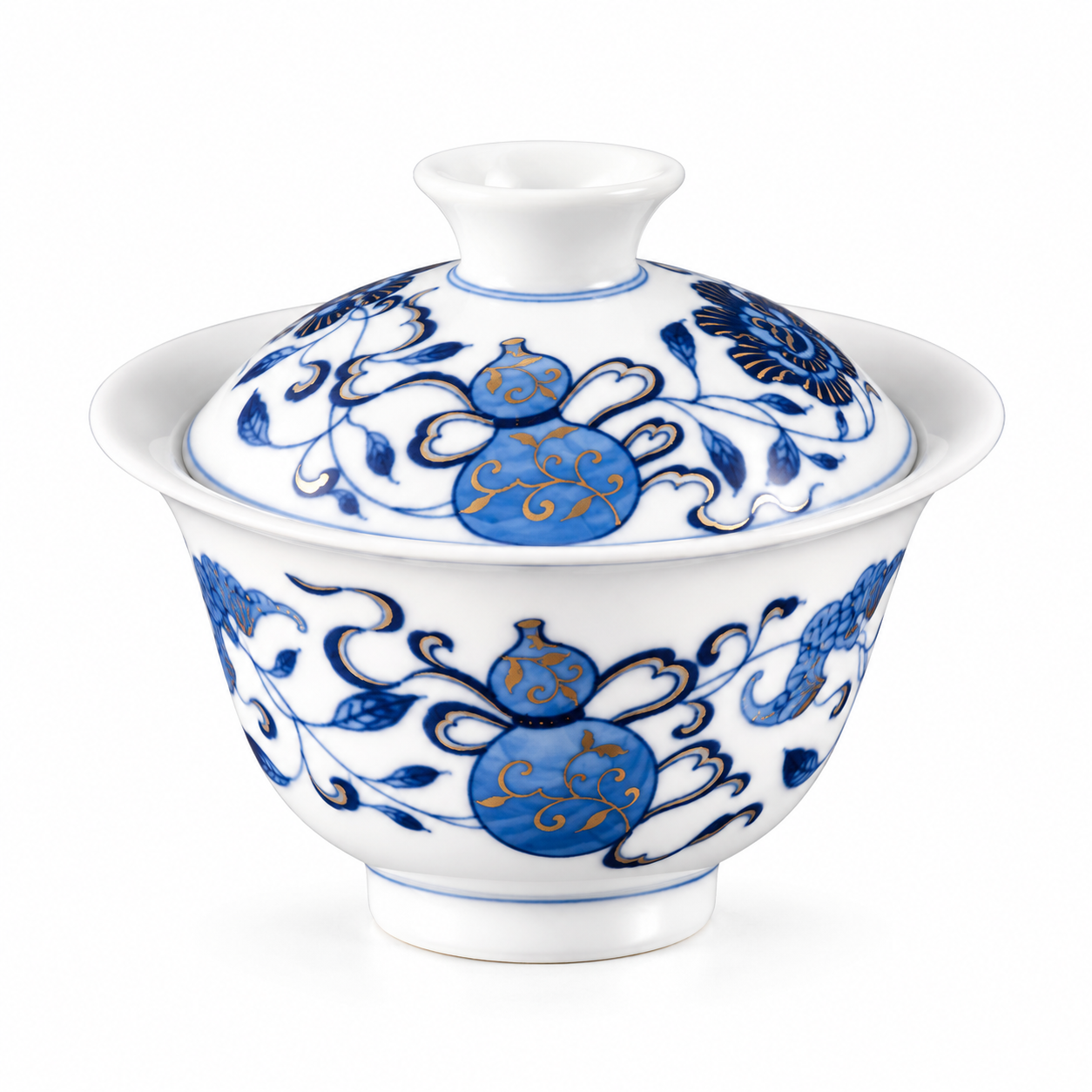Blue and White Double Blessings Gaiwan with gourd motif and gilded details on Jingdezhen porcelain