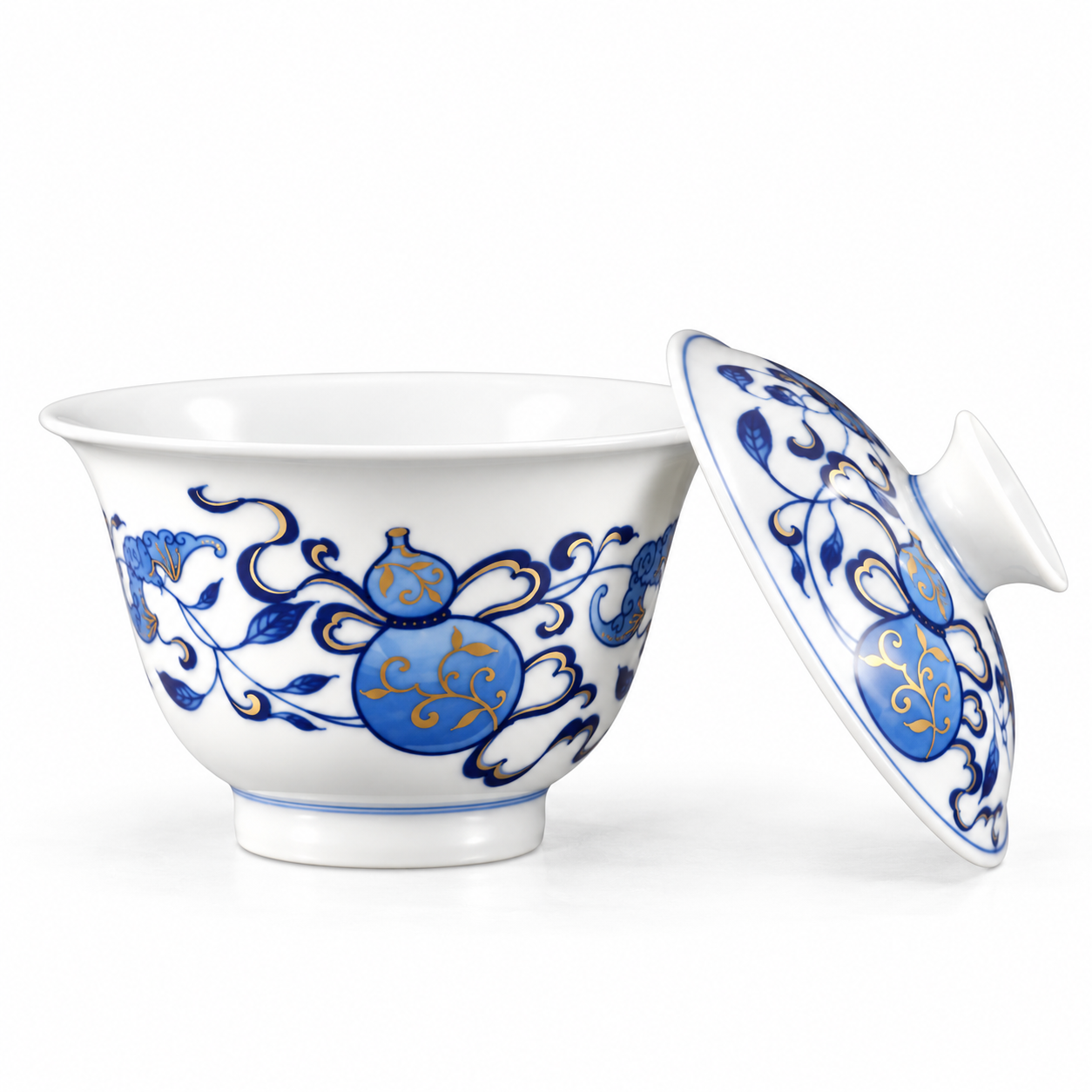 Open Blue and White Double Blessings Gaiwan with separate porcelain lid and gilded gourd motif