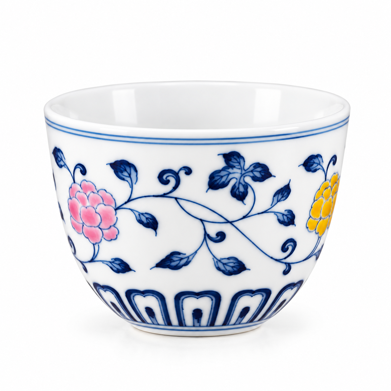 Blue & White Abundant Blossoms Luohan Teacup with pink and yellow floral motifs