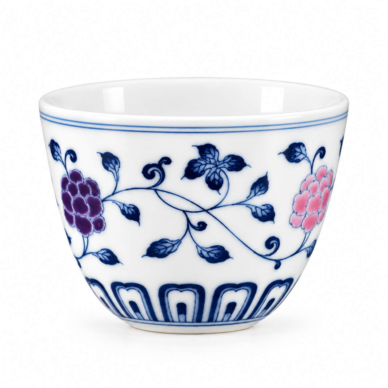 Blue & White Abundant Blossoms Luohan Teacup with purple and pink blossoms