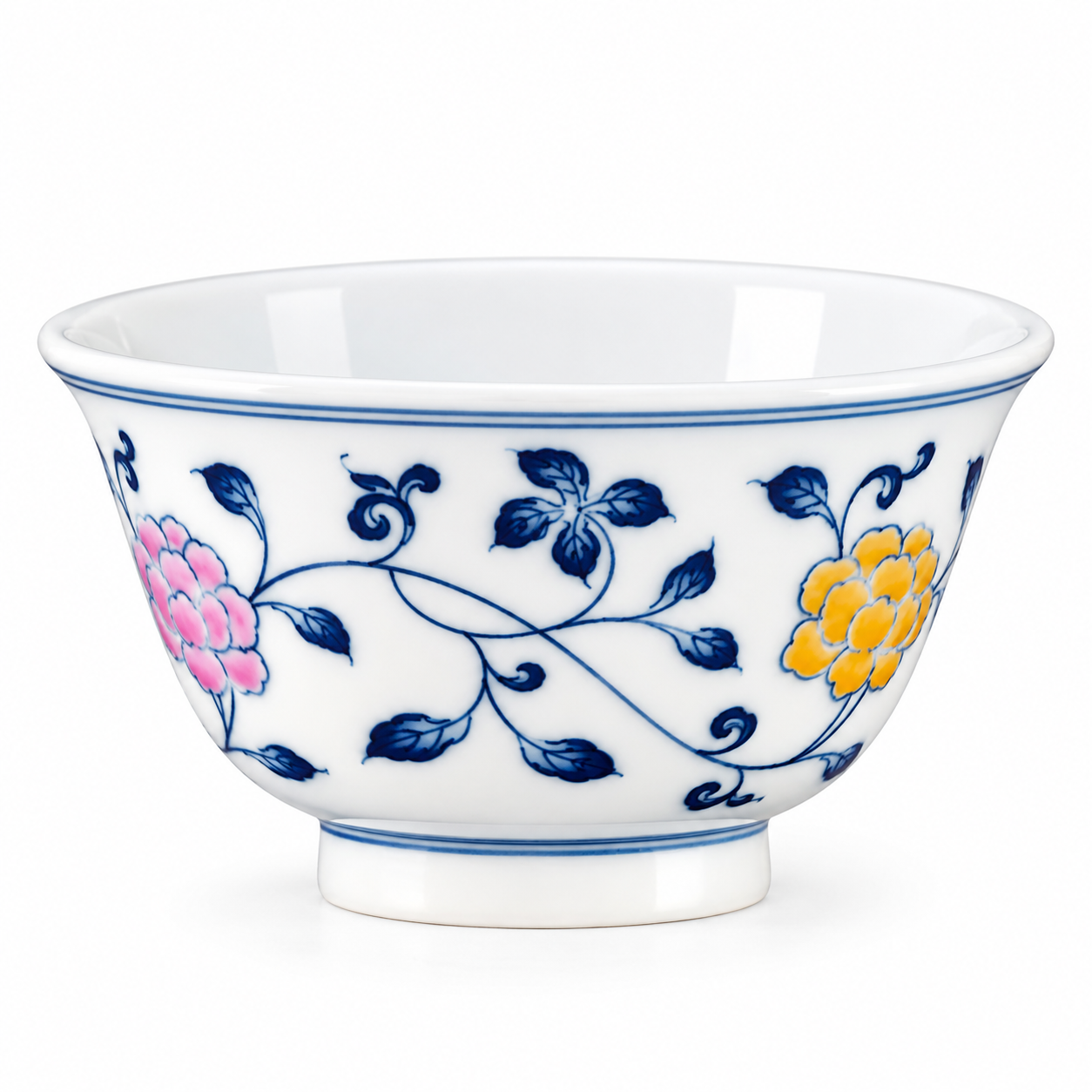 Blue & White Abundant Blossoms Yashou Teacup with pink and yellow flowers
