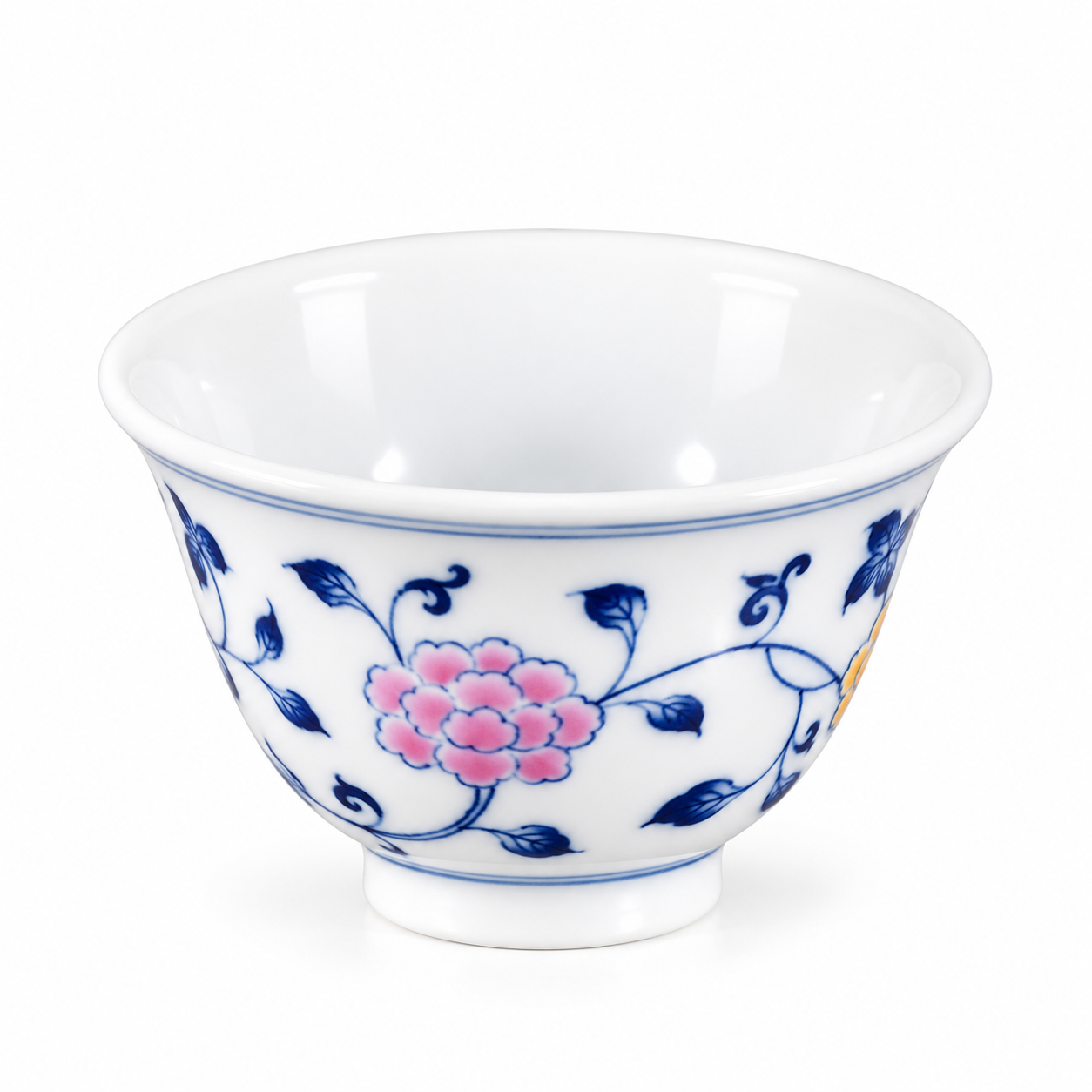 Blue & White Abundant Blossoms Yashou Teacup angled view with pink blossom