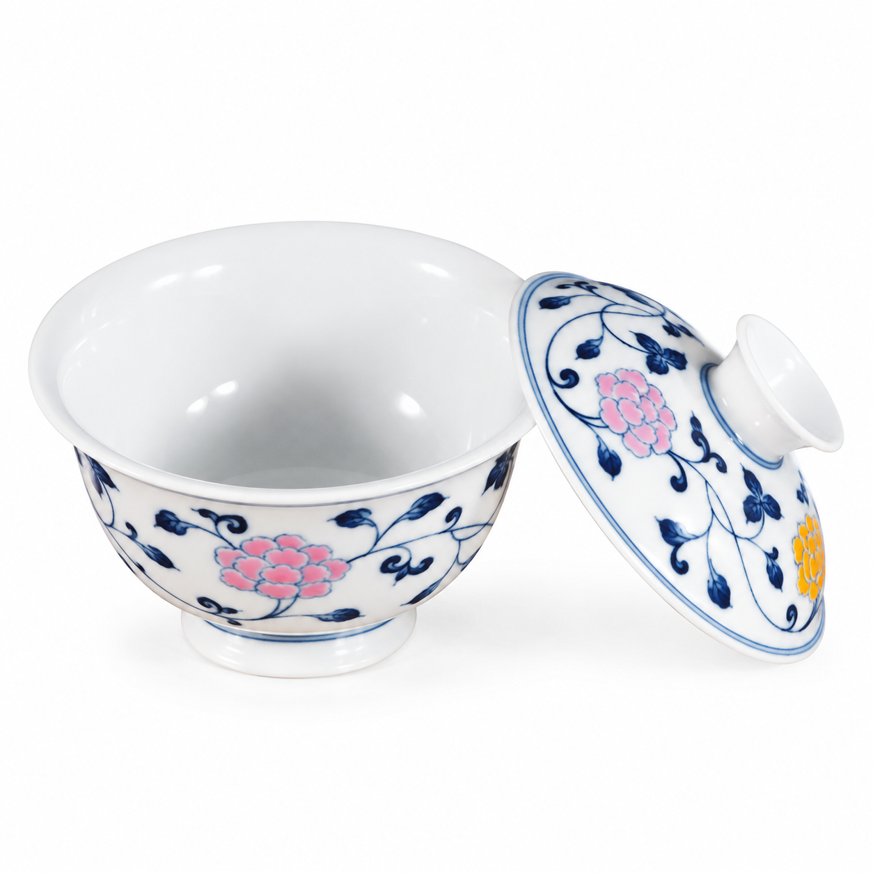Blue & White Abundant Blossoms Ingot Gaiwan with lid and pink floral decoration