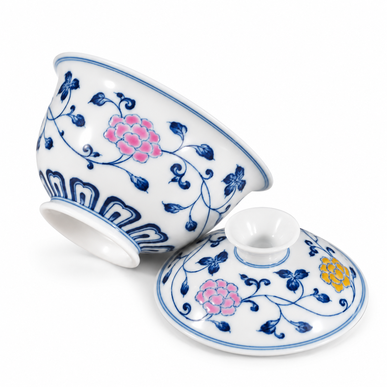 Blue & White Abundant Blossoms Ingot Gaiwan with matching floral porcelain lid