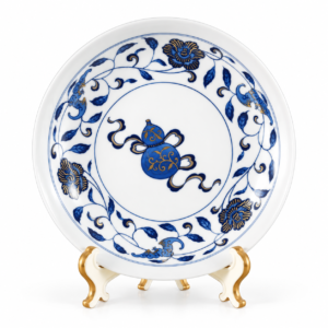 Blue and White Double Blessings Teapot Tray displayed with gourd floral motifs and gold accents