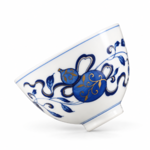 Blue and White Double Blessings Jixin Teacup with hand-painted gourd motif and gold accents