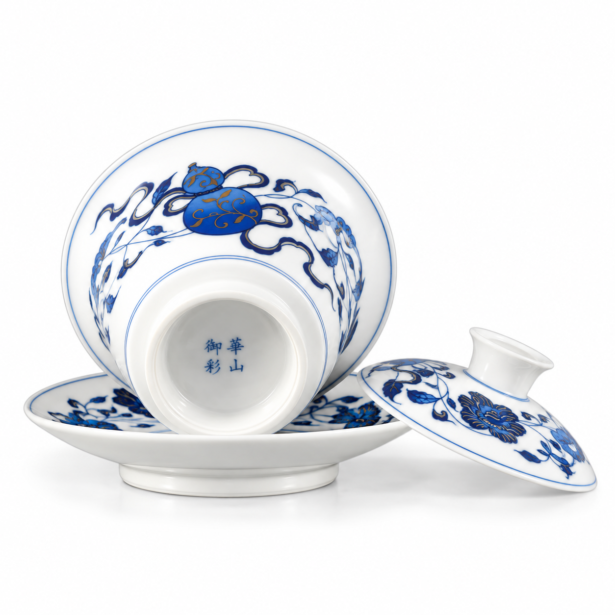 Blue and White Double Blessings Mati Gaiwan base mark and decorated lid
