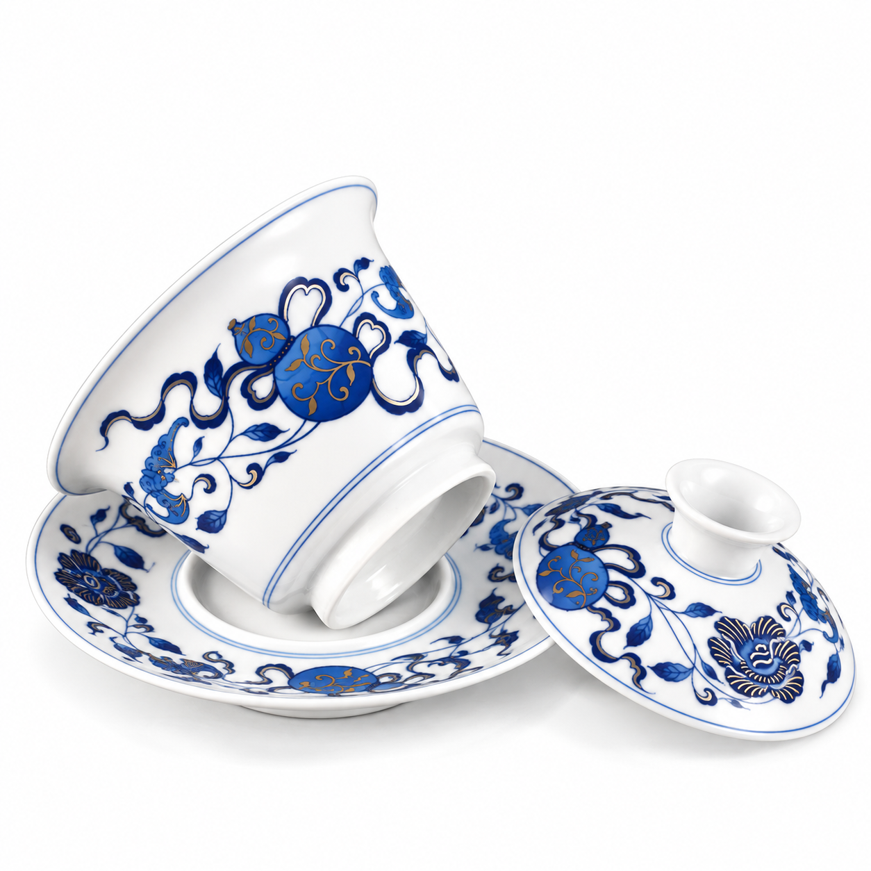 Blue and White Double Blessings Mati Gaiwan with gourd and floral vine decoration