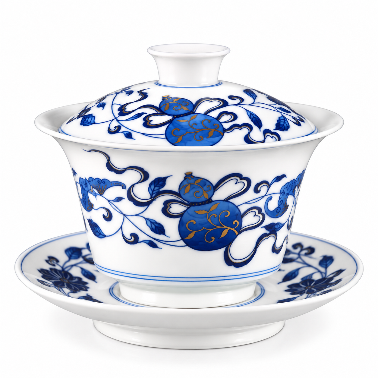 Blue and White Double Blessings Mati Gaiwan with gourd motif and gold accents