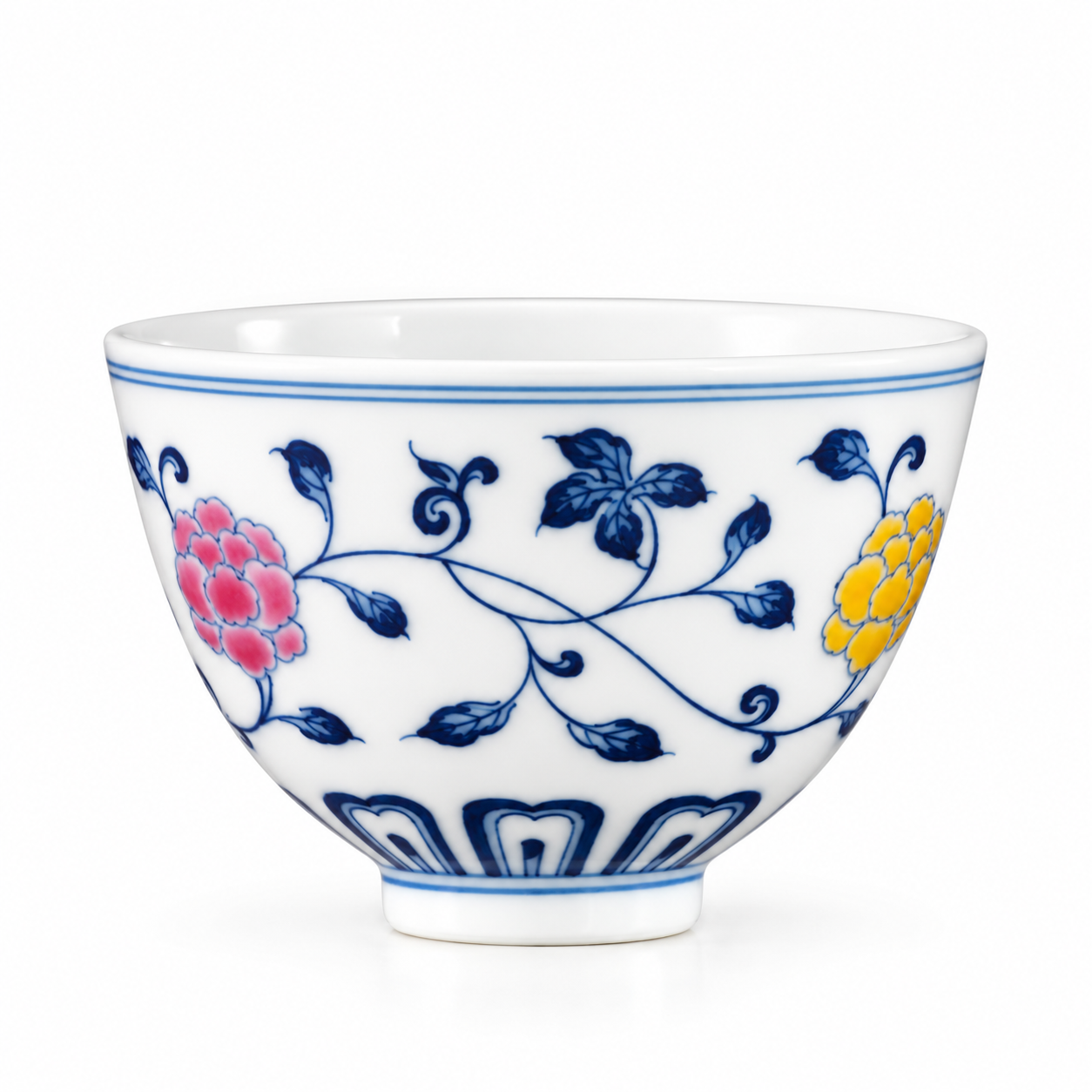 Blue & White Abundant Blossoms Jixin Teacup with pink and yellow floral motifs