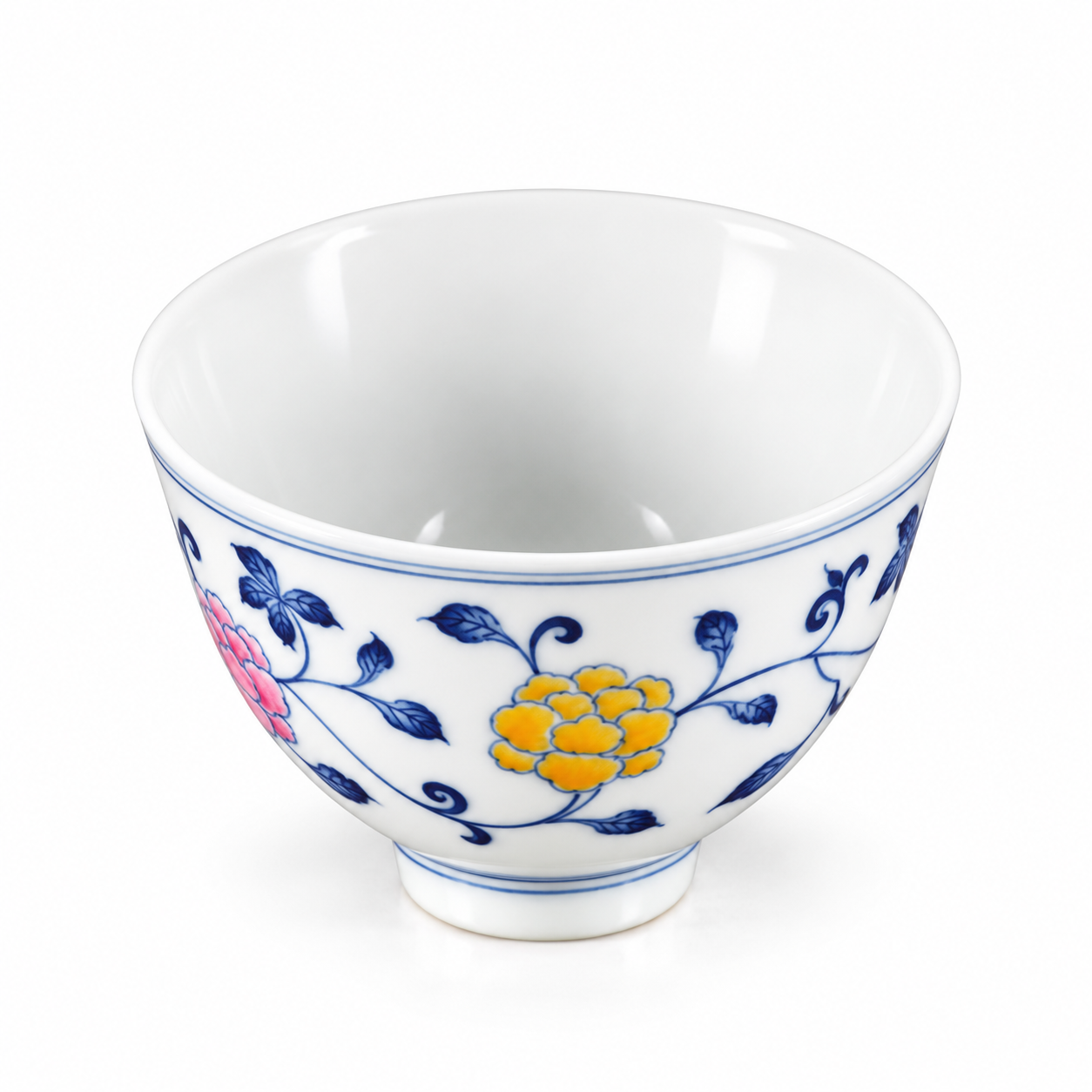 Blue & White Abundant Blossoms Jixin Teacup angled view in Jingdezhen porcelain